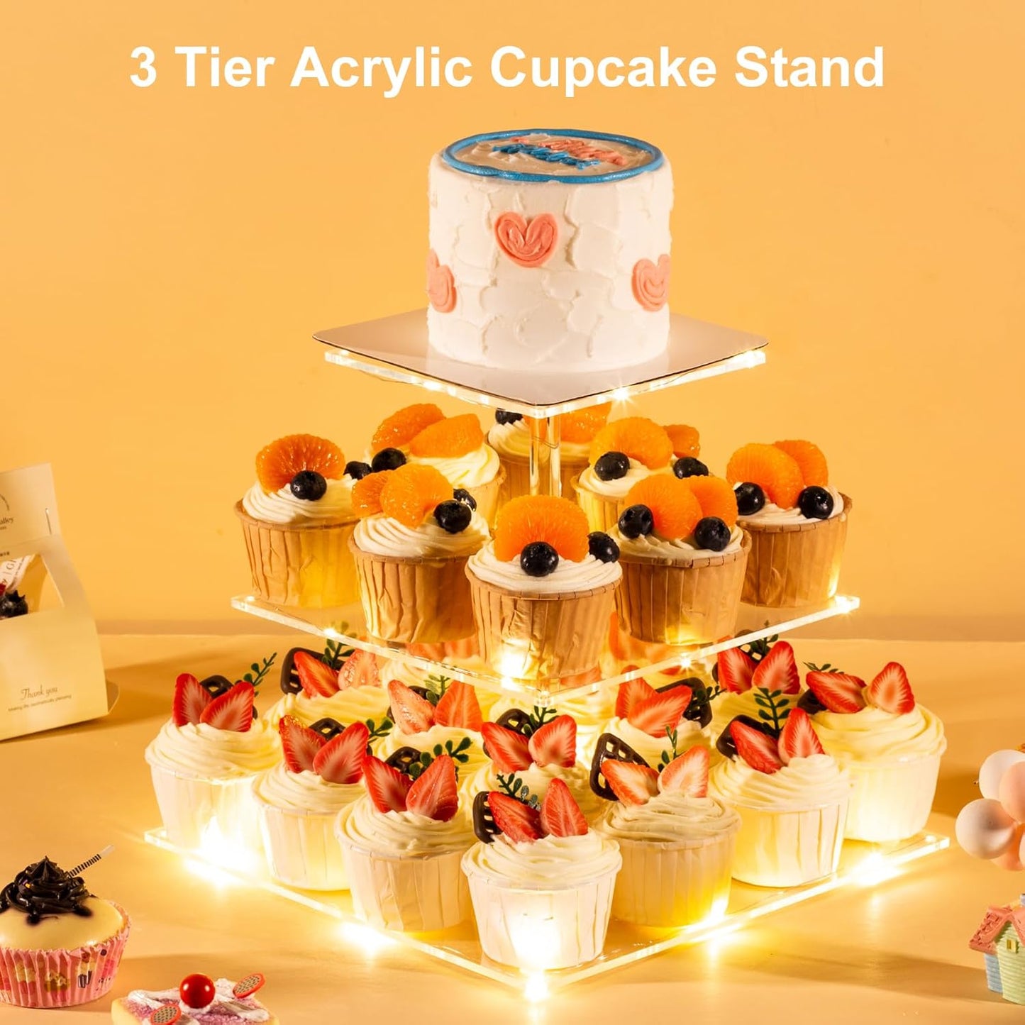 3 Tier Cupcake Stand Cupcake Holder, Acrylic Cupcake Tower with LED Yellow Light for 24 Cupcakes, Dessert Table Display Set for Birthday, Bar, Decor Weddings, Parties Events