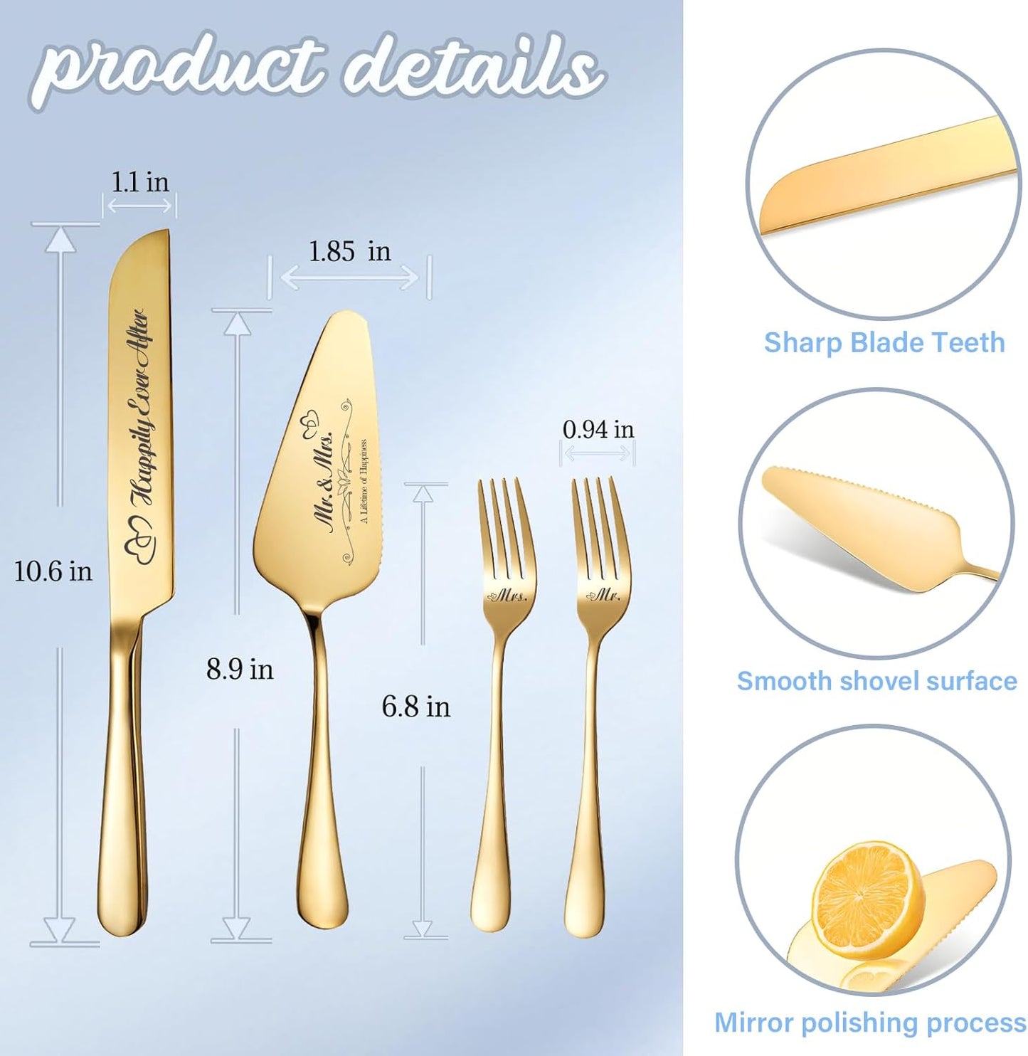 Personalized Wedding Cake Knife and Server Set, Wedding Gold Cake Cutting Set with Stainless Steel Forks, Customized Bridal Anniversary Birthday Wedding Registry Gifts for Couple (Non-customized)