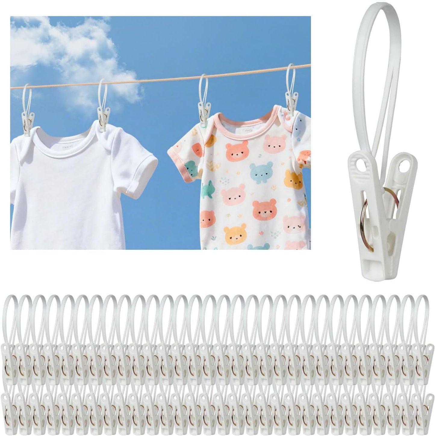 60 Pack Clothes Pins with Plastic Rope,Multi-Purpose Clips for Hanging,Windproof Plastic Clothespins for Hanging Baby Clothes,Socks,Hats, Pants, Bras, Underwears,Towels,Photos,White