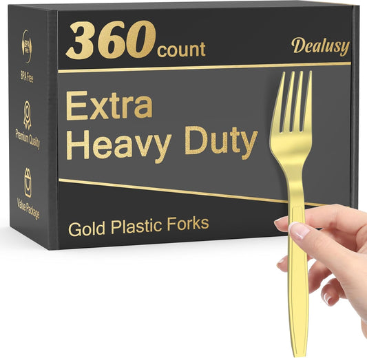 360 Count Extra Heavy Duty Gold Plastic Forks Disposable, BPA-Free, Heat Resistant, Solid and Durable Disposable Forks Bulk, Premium Plastic Forks heavy duty for Party Supply