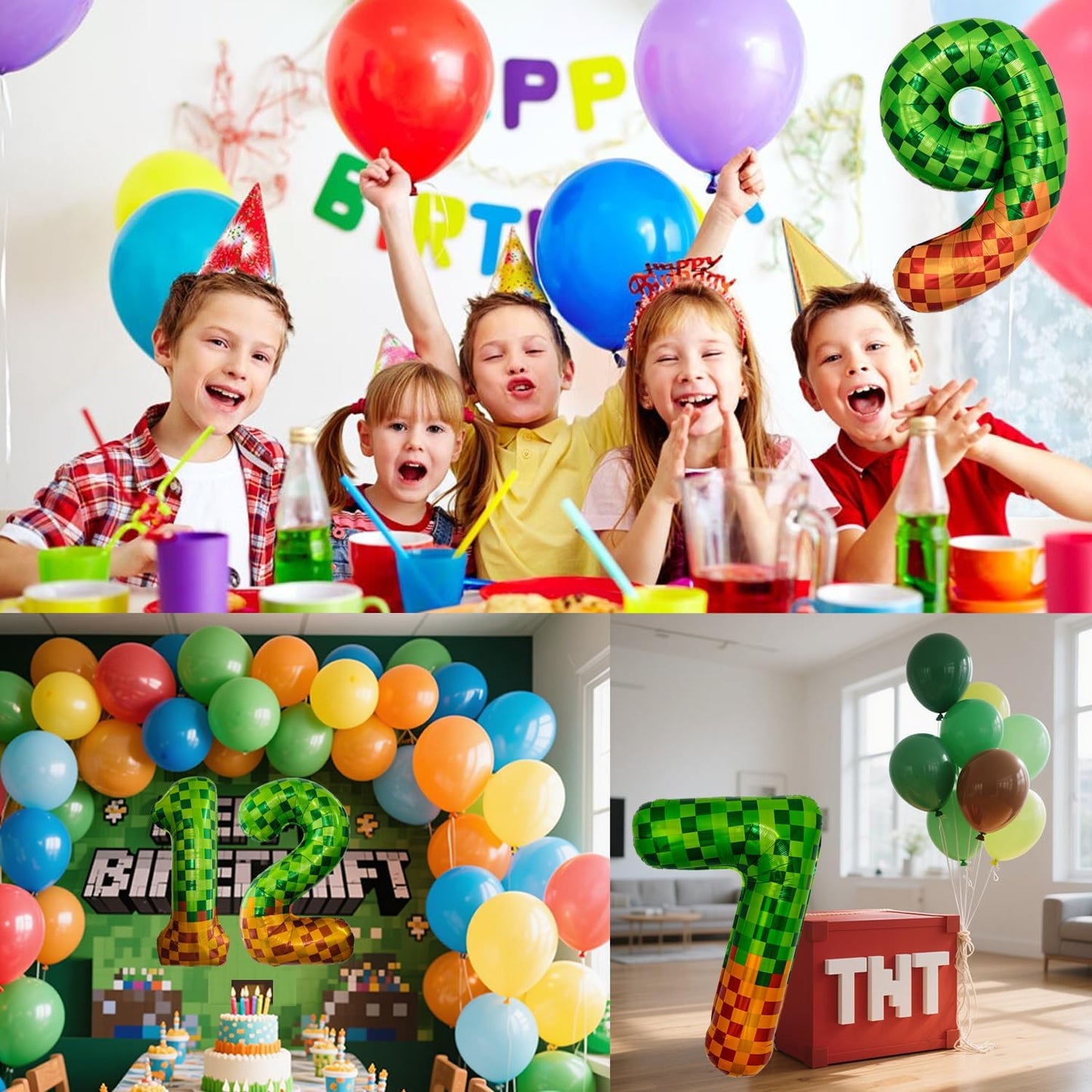 Pixel & TNT Theme 40in Giant Number Balloons - Foil Mylar Birthday Party Decorations for Kids Adults Cumpleaños, Block Style Pixel Art Shape Balloon Decor Supplies (Pixel, Number 4)