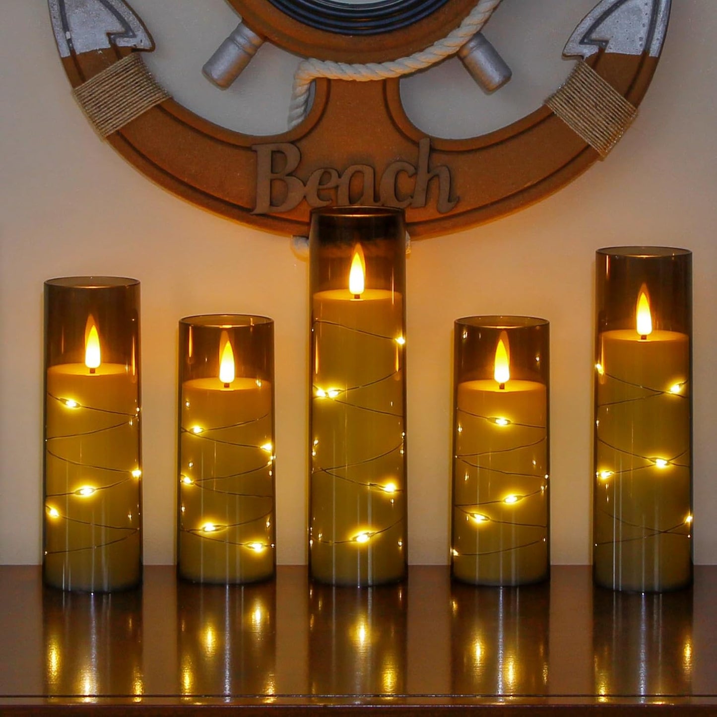 Grey Flameless Candles with Remote and String Light, 2.2"x 5",5",6",7",7",8" LED Battery Operated Plastic Flickering Timer Pillar Candles(Pack of 6,Turn On/Off String Light Mode)