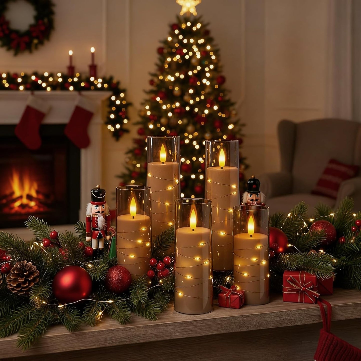 Raycare Flameless Candle with Remote Timer, 7 Flickering Acrylic Battery Operated LED Pillar Candles with Embedded Star String for Halloween, Home Decor, and as a Gift(Grey)