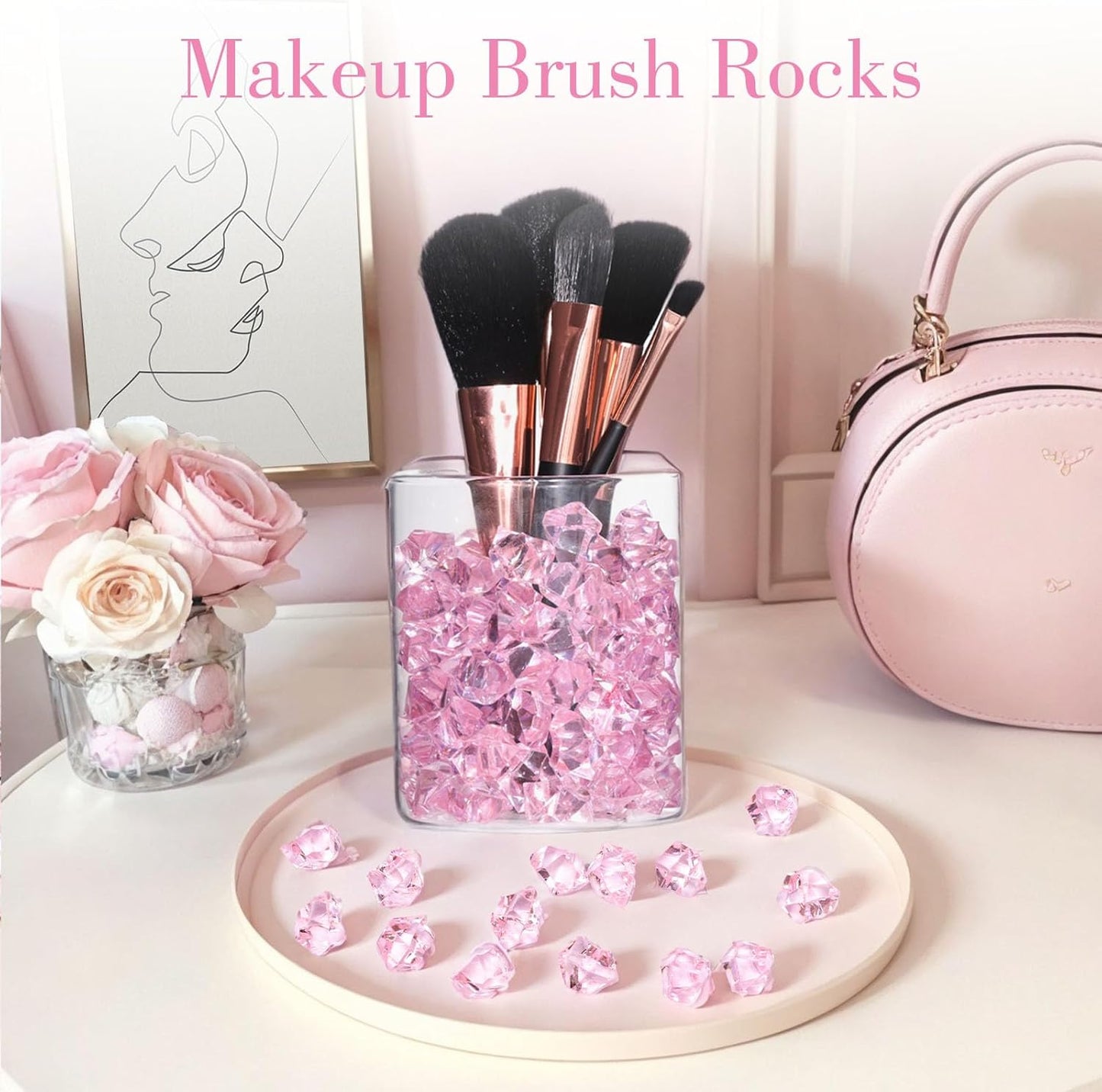 DOMESTAR Pink Fake Ice, 150PCS Acrylic Fake Diamonds, Plastic Crystals Gems, Vase Fillers DIY Craft Makeup Brush Rocks Wedding Party Table Centerpieces Scatter Decorations