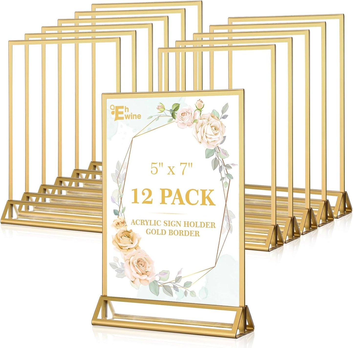 EHWINE 12 Pack Acrylic Sign Holder 5 x 7, Double Sided Gold Picture Frame Stand up Table Top Sign Holders, Clear Display Stand Menu Flyer Holder for Wedding Party (Provide Non-slip Mats)