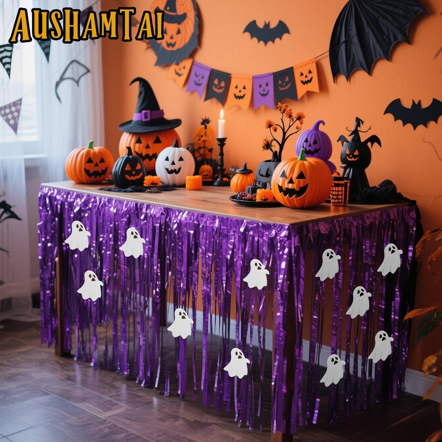 28x106 Inch Purple Sequin Tablecloth for Halloween Decorations, Metallic Tinsel Foil Fringe Table Skirt, Rectangle or Round Tables Decor, Table Cover, Ghost Decorations for Halloween Party