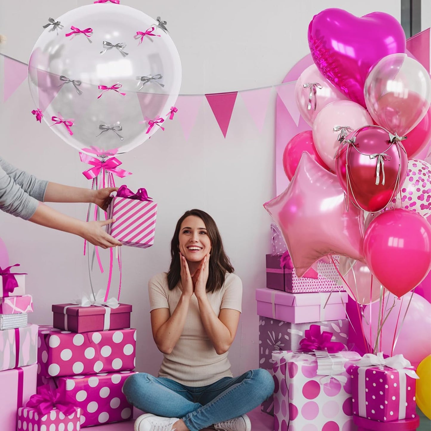 Hot Pink Balloons Pink Heart Star Balloon as Pink Birthday Decorations, Metallic Magenta Light Baby Pink Balloons 18 inch Clear Confetti Heart Star Mylar Shape Foil Balloon as Princess Kid Party Decor