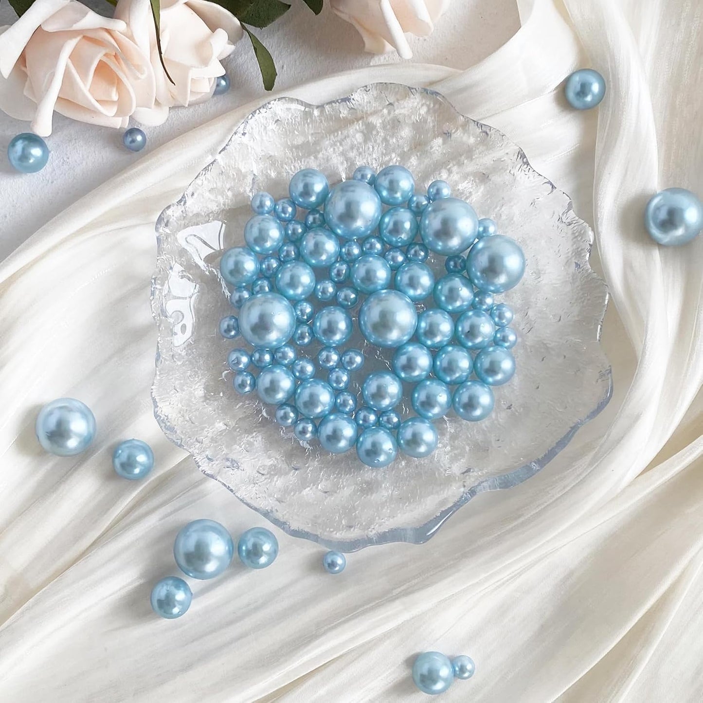 260Pcs Lightblue Glossy Beads - 6mm, 14mm, 18mm Round Plastic Pearl Beads for Centerpiece Decor, Wedding, Birthday, Christmas Party, Home Decor