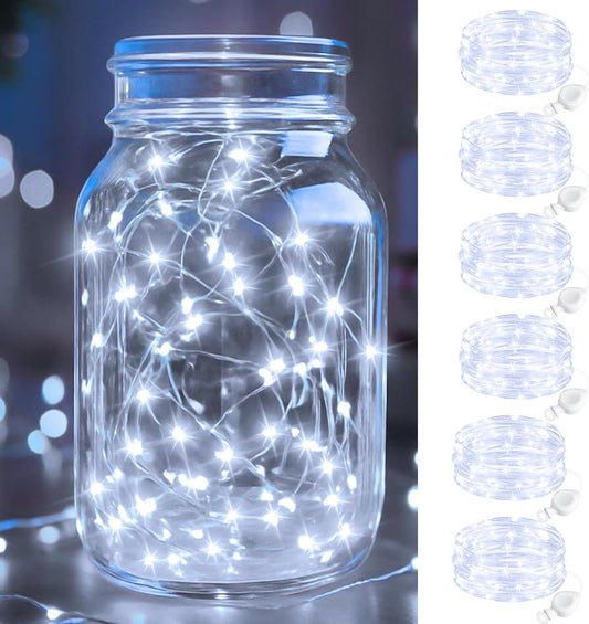 btfarm 6 Pack Fairy Lights Battery Operated, 7FT 20 LED Mini String Lights Waterproof Silver Wire for Mason Jars Centerpiece Table Crafts Bedroom Christmas Decoration, Cool White