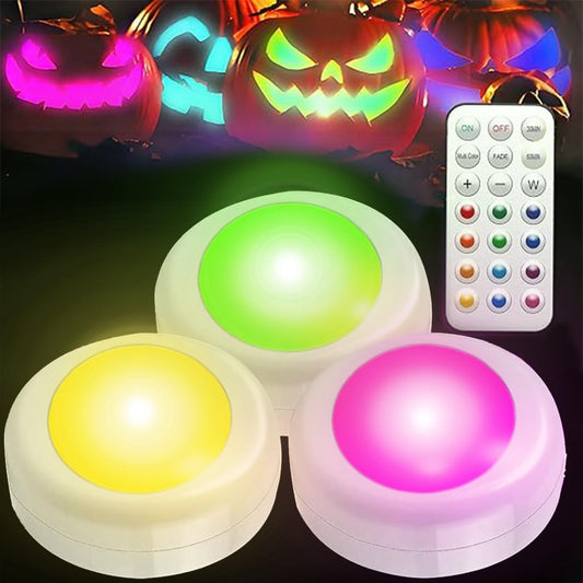 LED Color Changing Pumpkin Lights with Timer Control, Colored Puck Light Battery Operated, 16 Multi Colors LED Cabinet Light, Under Counter Lights, Valentine Day Holiday RGB Decoration Candles