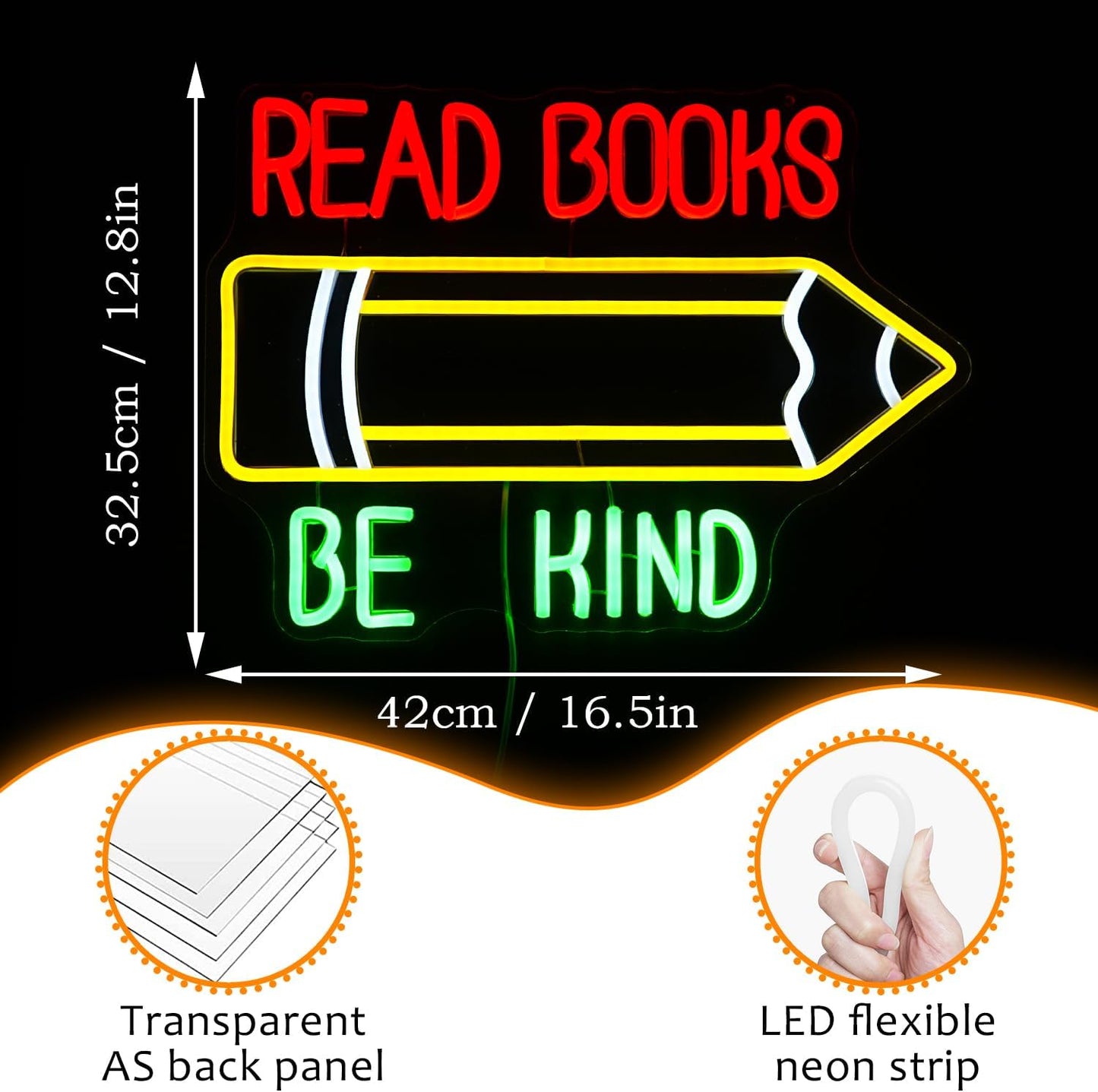 Read Books Be Kind Neon Sign Pencil Led Neon Light for Wall Decor USB Powered Be Kind Neon Light Sign Dimmable Read Books Light Up Sign for Classroom Study Room Library Bedroom Bookstore (16.5*12.8In)