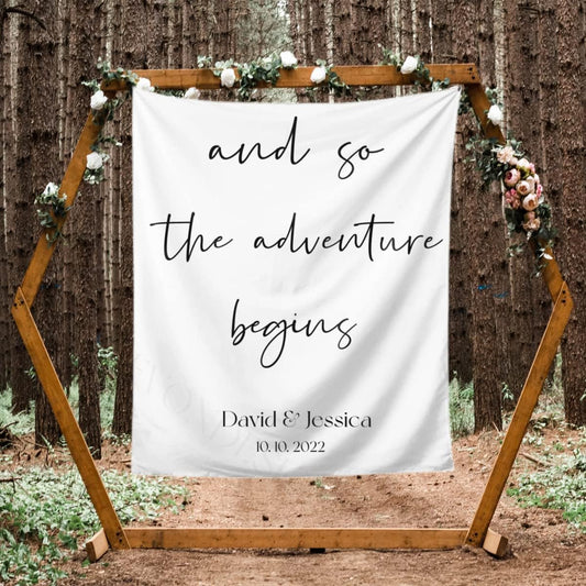 And So The Adventure Begins Custom Tapestry with Names and Date, Rustic Wedding Sign, Personalized Calligraphy Wedding Banner for Ceremony and Reception