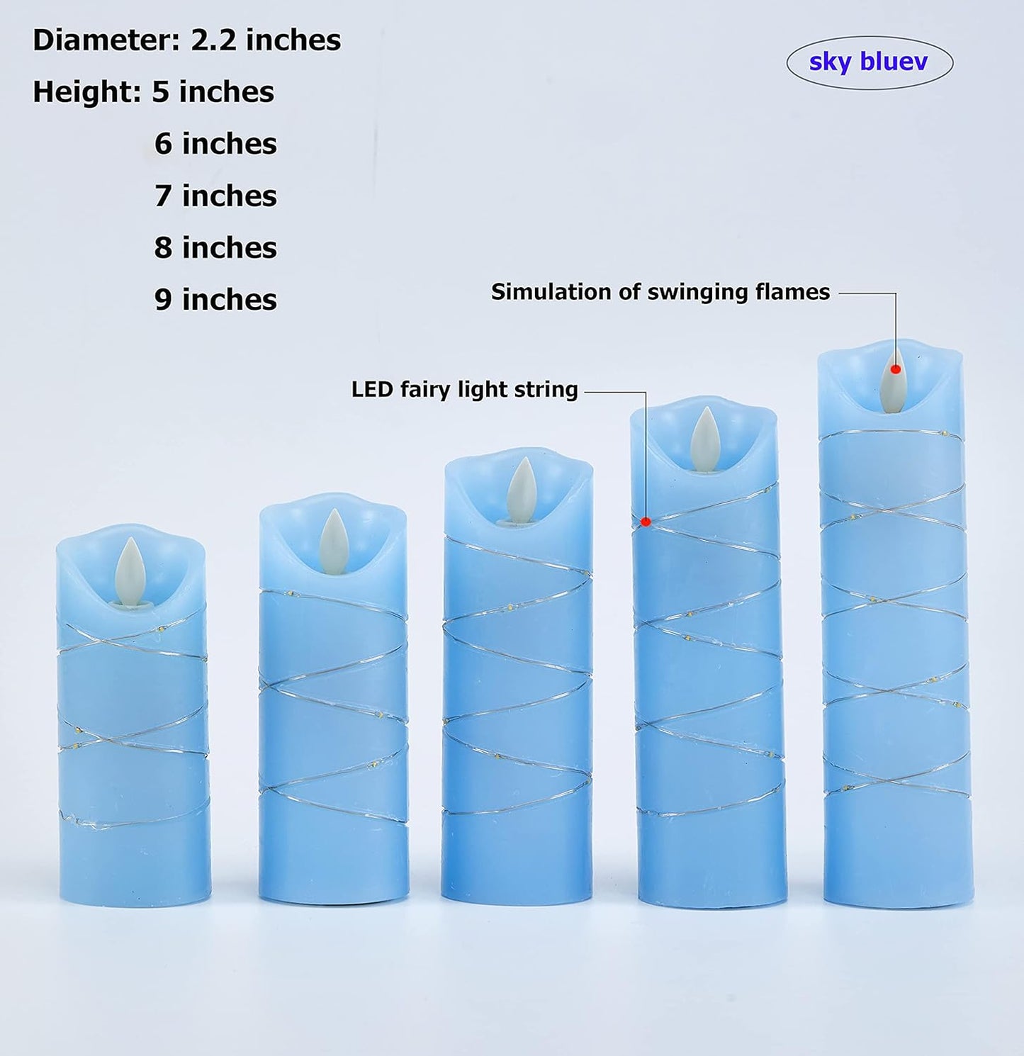 danip LED Flameless Candle with Embedded Star String, 5 Piece LED Candle with 10 Button Remote Control, 24 Hours Timer Function, Dancing Flame, Real Wax, Battery Powered. (Sky Blue)