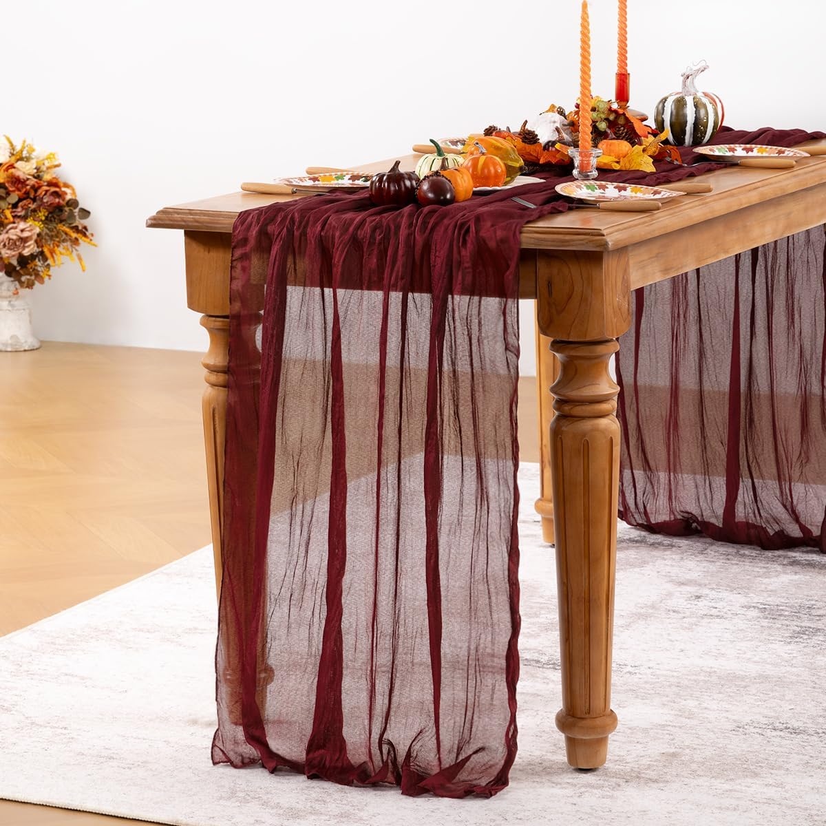 Burgundy Red Cheesecloth Table Runner Fall Table Runner Boho Gauze 120 Inches Red Cheese Cloth Fall Table Decorations for Thanksgiving Christmas Weddings Bridal Shower Candlelight