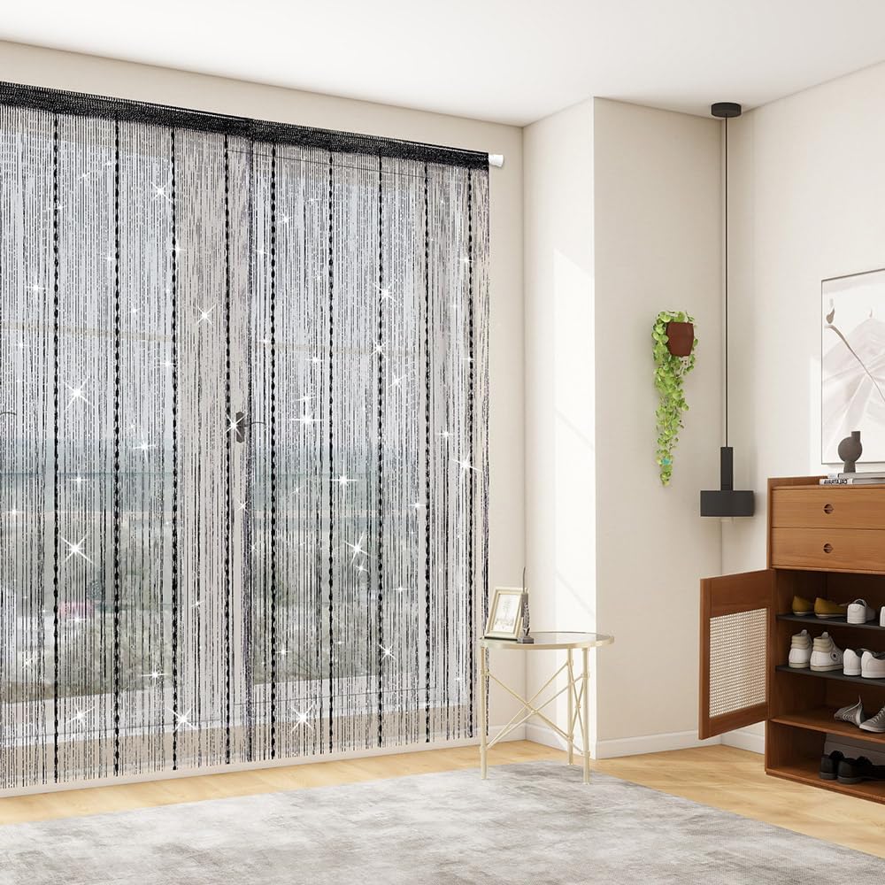 Hysenm Door String Curtains 39x79 Inch Black Panel Soft Balls Romantic Glitter Fringe Room Divider Home Décor Wedding Girls Bedroom Window Living Room Backdrop Party Doorways Closet