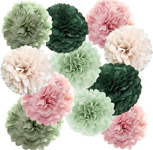 Tissue Paper Pom Poms Kit Paper Flowers 12pieces for Gender Baby Shower Wedding Bridal Bachelorette Birthday Party Decorations (Boho Green + Dusty Pink)