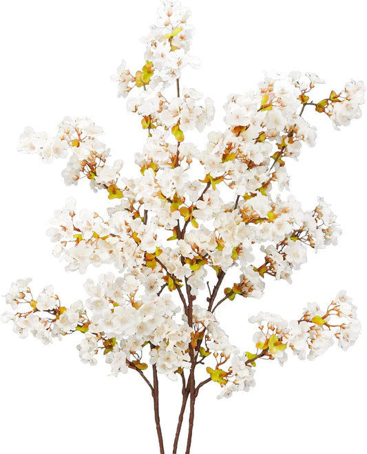 Uieke Silk Cherry Blossom Branches, 39.3in Artificial Cherry Blossom Tree Stems, Fake Plum Blossom Flowers Arrangement for Wedding Home Japanese Decor, Set of 3, White