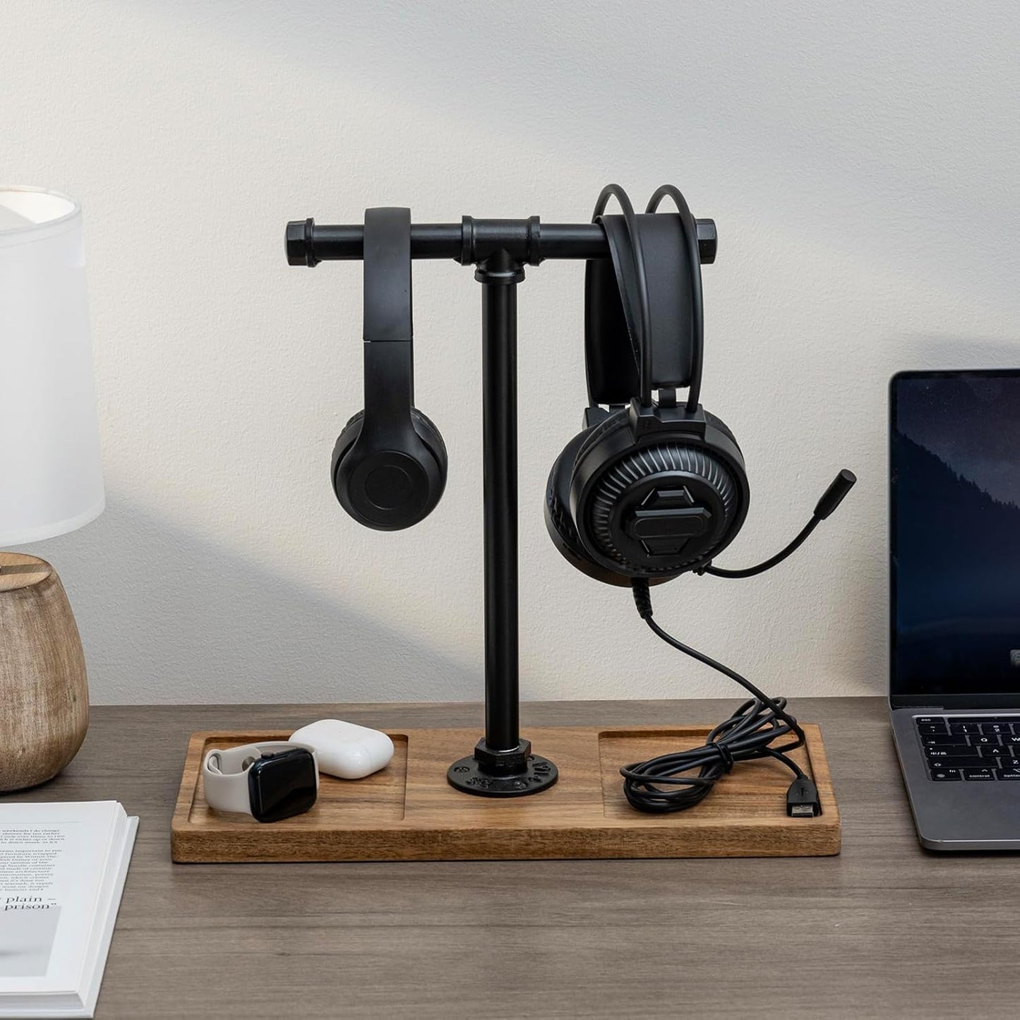 FARM IN Solid Acacia Wood Headphone Stand for Desk Industrial Headset Holder with Storage Base for Gaming and Office Accessories