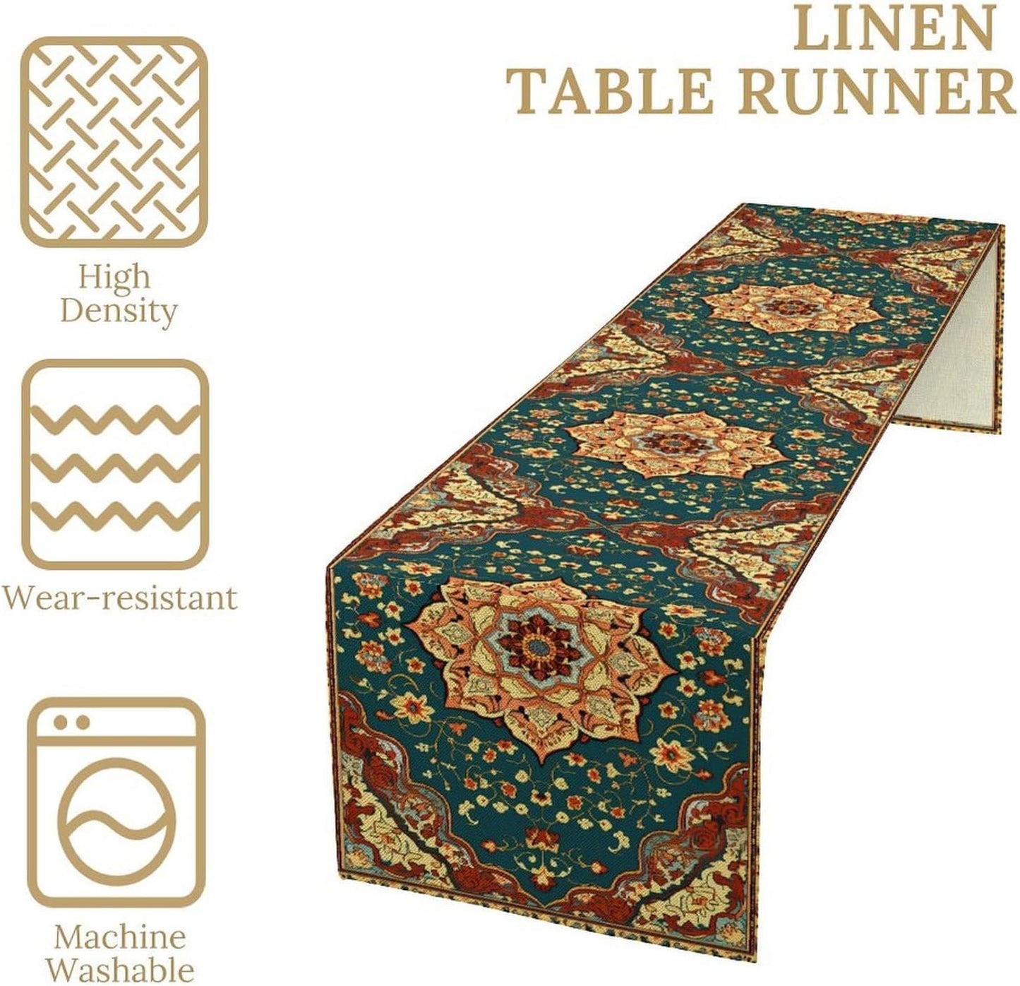 Boho Rich Table Runner, Vintage Blue Teal Gold Retro Flower Rustic Country Style Floral Print Pattern for Home Kitchen Table Decor Dining Coffee Room Garden Party Decor 13x108in