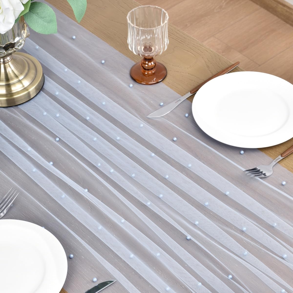 Joanlody Fall Pearl Table Runner 10ft Rustic Boho Tulle Table Runner with Pearls for Baby Shower Wedding Party Veil Dessert Thanksgiving Table Decor Blue 4pcs