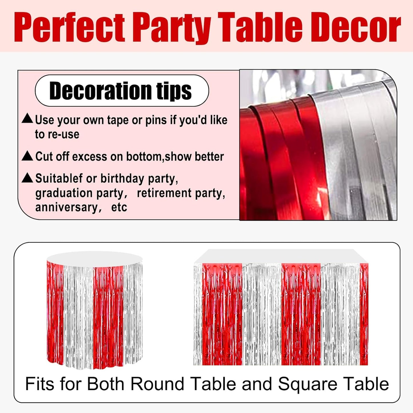 3 Pack 29x108 Inch Red Silver Foil Fringe Table Skirts Metallic Banner for Tinsel Streamer Garland Backdrop for Parade Floats Wedding Thanksgiving Birthday Christmas Halloween Party Decoration