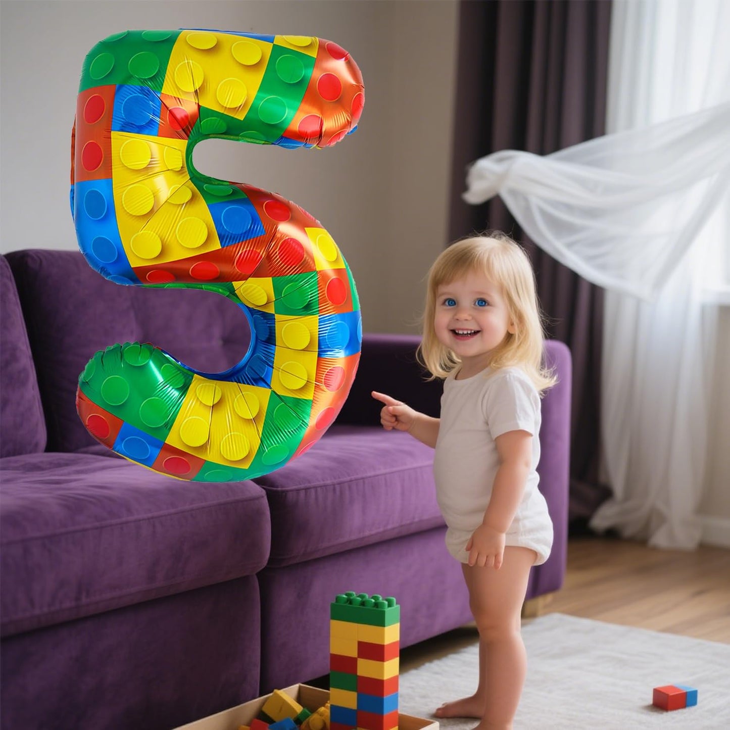 32 Inch Stackable Block Number Balloon – Colorful Brick Building Themed Big Helium Digits for Kids Birthday Party Decorations (Building Block, Number 5)