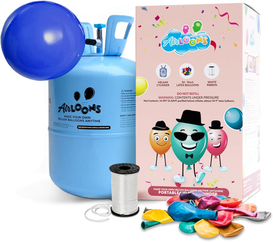 Airloons Helium Balloon Kit with 14.9 Cu Ft Tank – Includes 50 Multicolor 9 inch Latex Balloons, Ribbon & Easy to Fill Nozzle – Easy Setup for Birthdays, Weddings, Baby Showers, DIY Party Décor