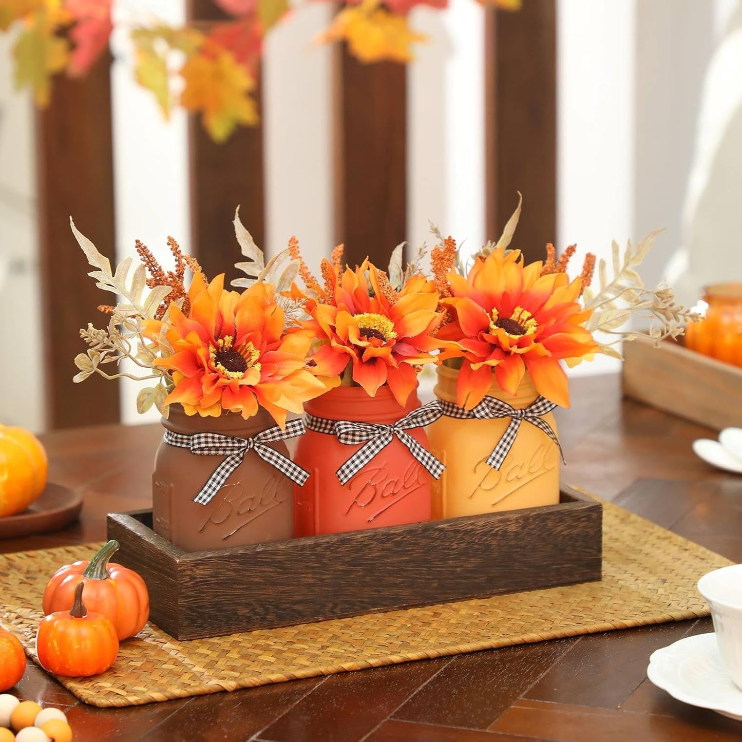 Fall Mason Jar Centerpiece for Table with Artificial Flowers, Set of 3 Thanksgiving Mason Jars Farmhouse Painted Decorative Jars for Thanksgiving Fall Home Decor, Thanksgiving Dinner Table Centerpiece