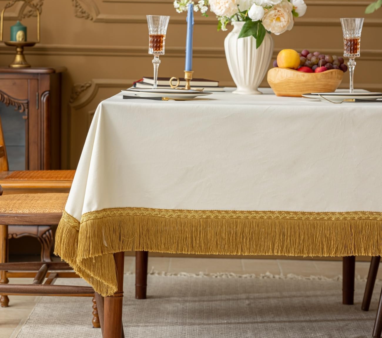 F-CHU Luxury White Tablecloth Thickset Velvet Tablecloth with Beautiful Gold Tassels Vintage Table Cloth for Home Decor Wedding, Party, Banquet and Events 60x102-Inch