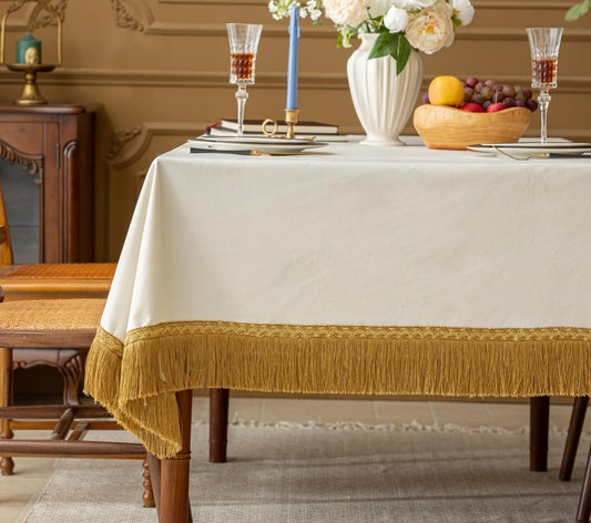 F-CHU White Tablecloth Thickset Velvet Tablecloth with Beautiful Gold Tassels Vintage Table Cloth for Home Decor Wedding, Party, Banquet and Events 60x120-Inch
