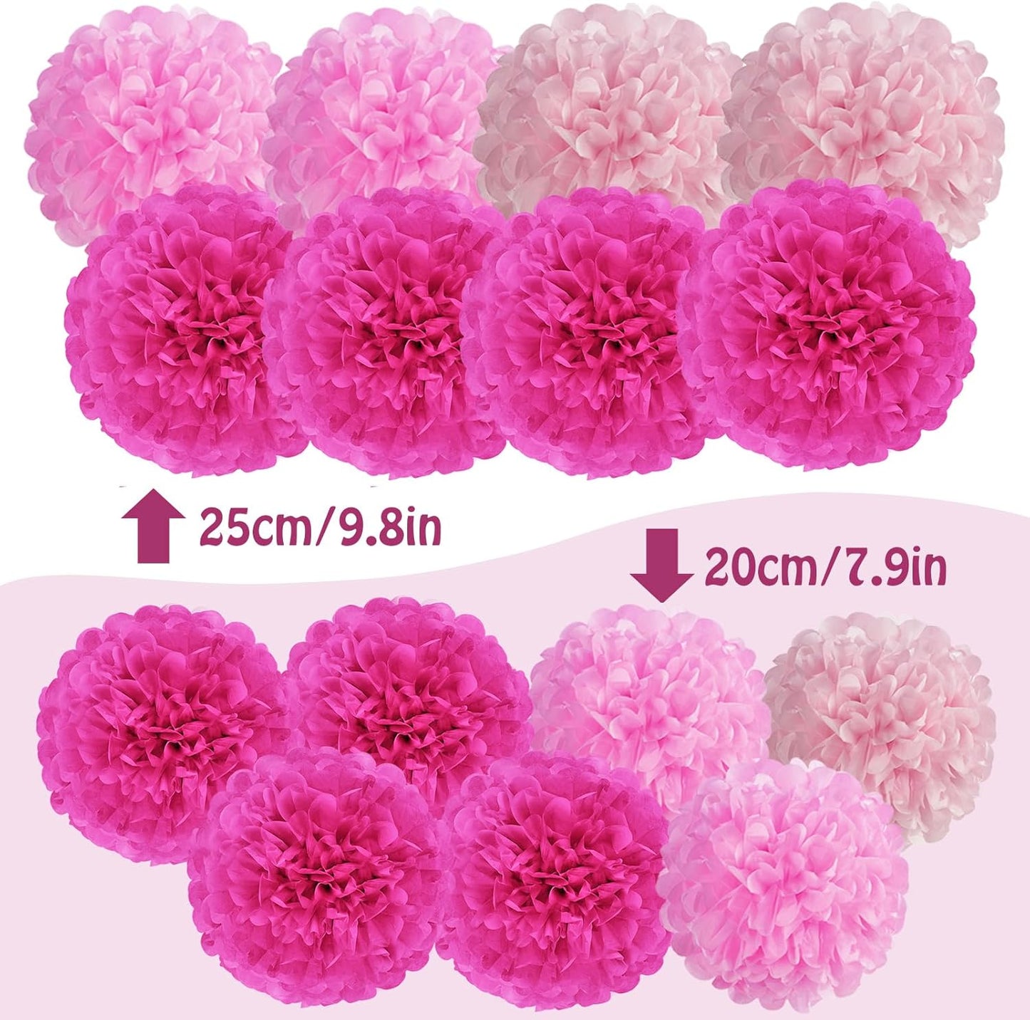Hot Pink Tissue Pom Poms Paper Flowers Hanging Decorations Pink Flower Ball for Mother's Day Baby Shower Wedding Nursery Birthday Party Backdrop Home Outdoor