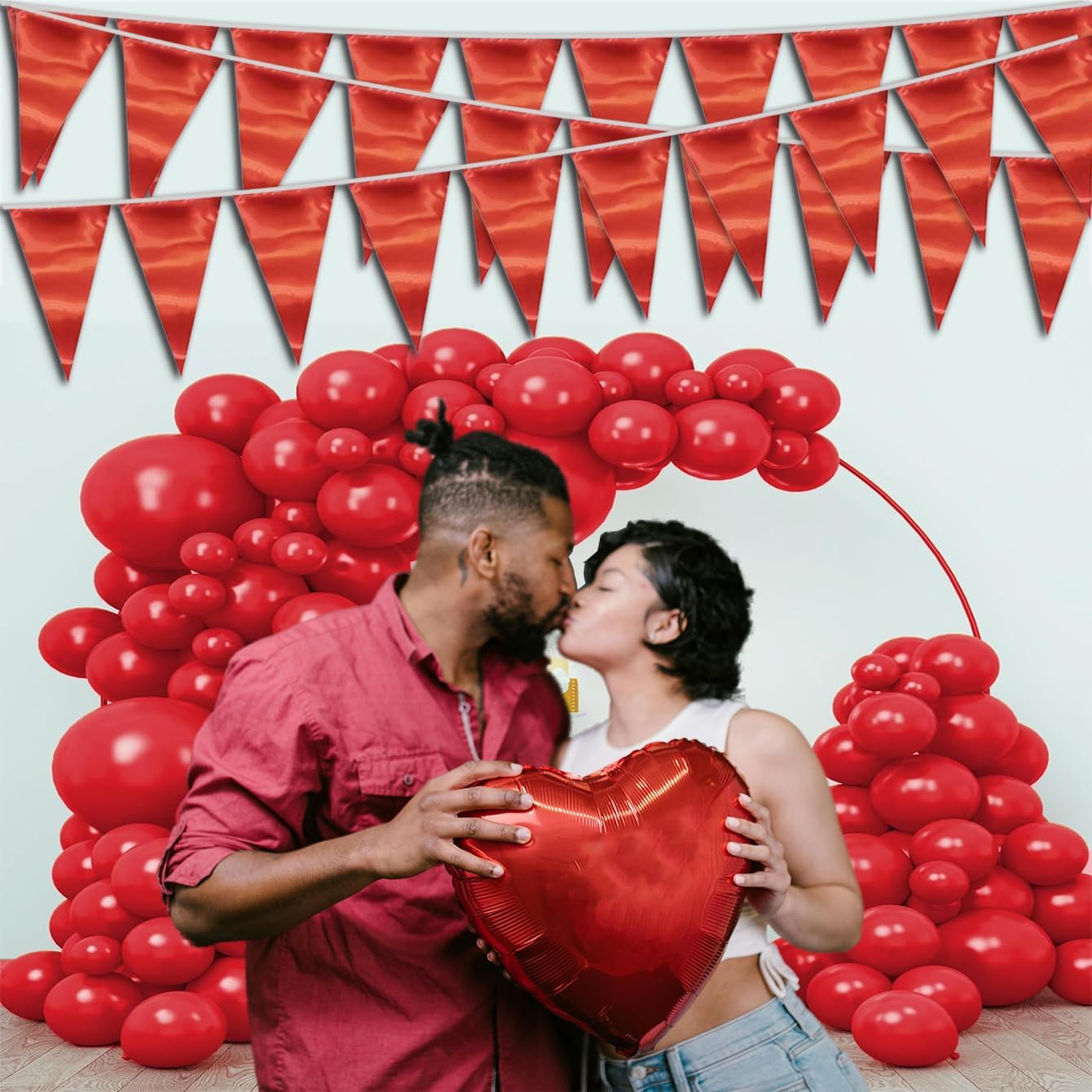 20M/65FT Red Triangle Pennant Banner Flag Metallic Fabric Bunting Garland for Christmas Graduation Wedding Engagement Anniversary Bachelorette Birthday Bridal Shower Valentines Hen Party Supplies