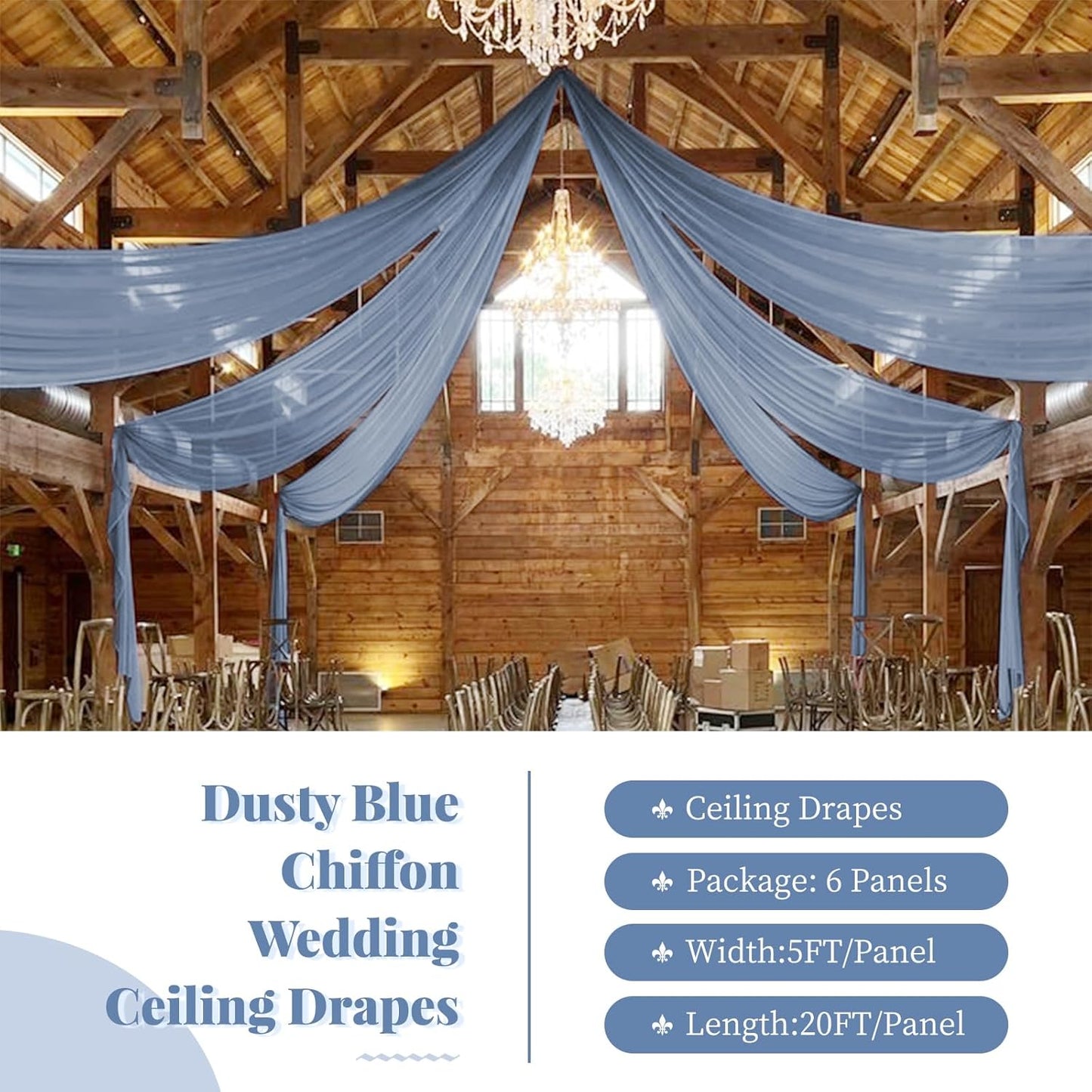 6 Panels Dusty Blue Wedding Ceiling Drapes 5ftx20ft Ceiling Drapes Chiffon Fabric Arch Draping Sheer Curtains Soft Drapery Draping Wedding Ceiling Decorations for Party Ceremony Stage Swag