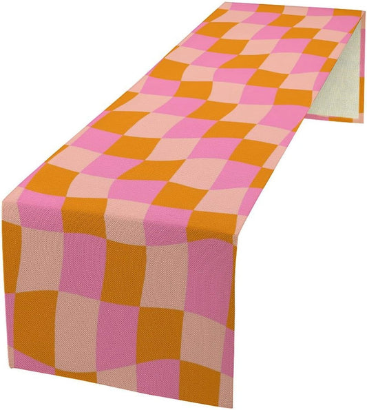 Checkered Table Runner Orange Retro 60s70s Boho Style Kitchen Restaurant Decoration Suitable for Indoor and Outdoor Festival Home Wedding Party Table Runner 13x120 Inch