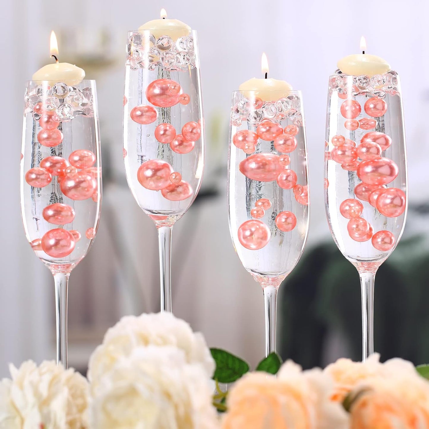 150 Pieces Vase Filler Faux Pearls Vase Makeup Beads No Hole Gloss Bead Mixed Sizes Round Pearl for Home Party Wedding Decor, 8/14/20 mm(Rose Gold)