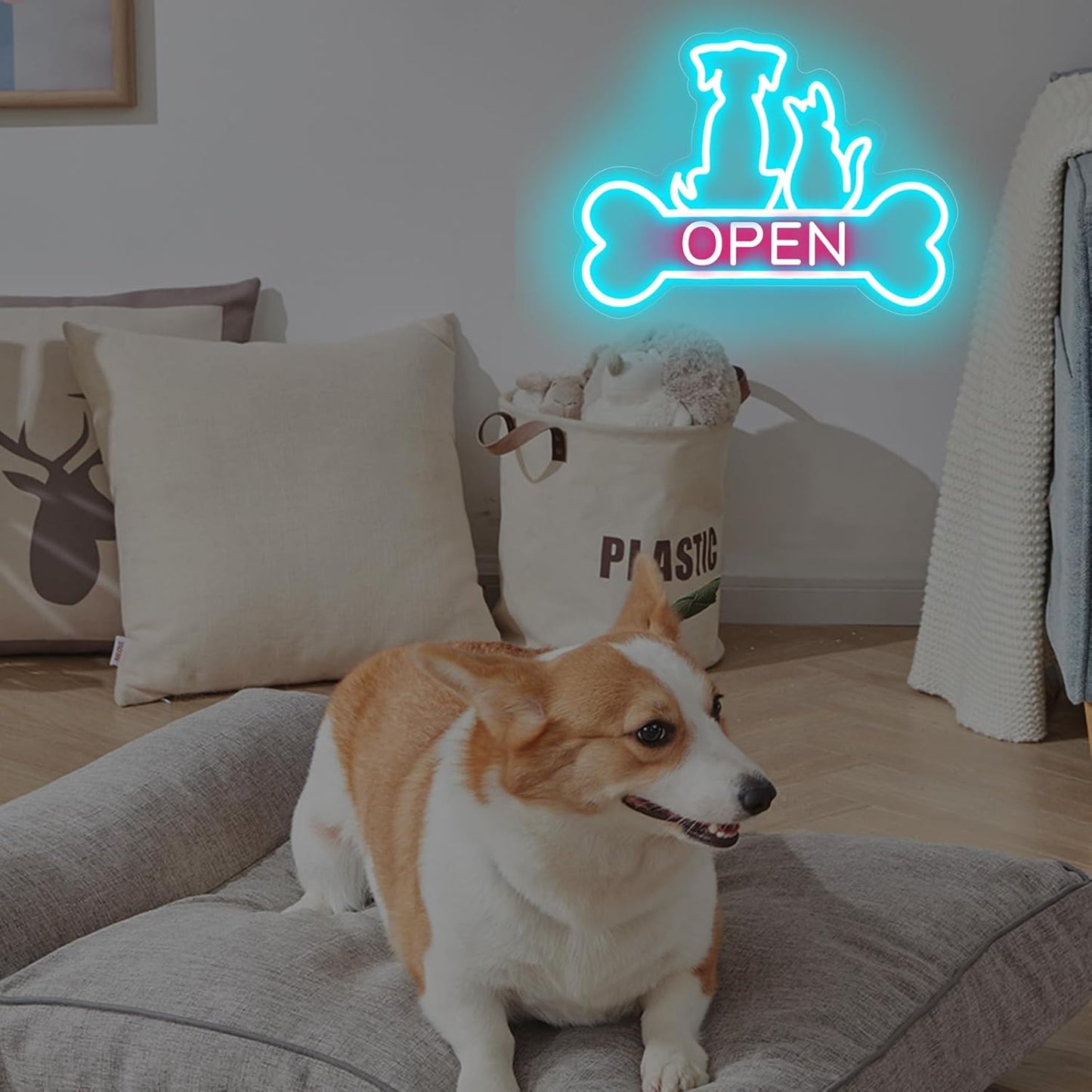 Pet Shop Open Neon Sign LED Dog And Cat Open Sign Bright Pet Grooming Salon Light Animal Shelter Storefront Decor Vet Clinic Window Sign, Ice Blue+Light Pink, 16.5"x12.4"