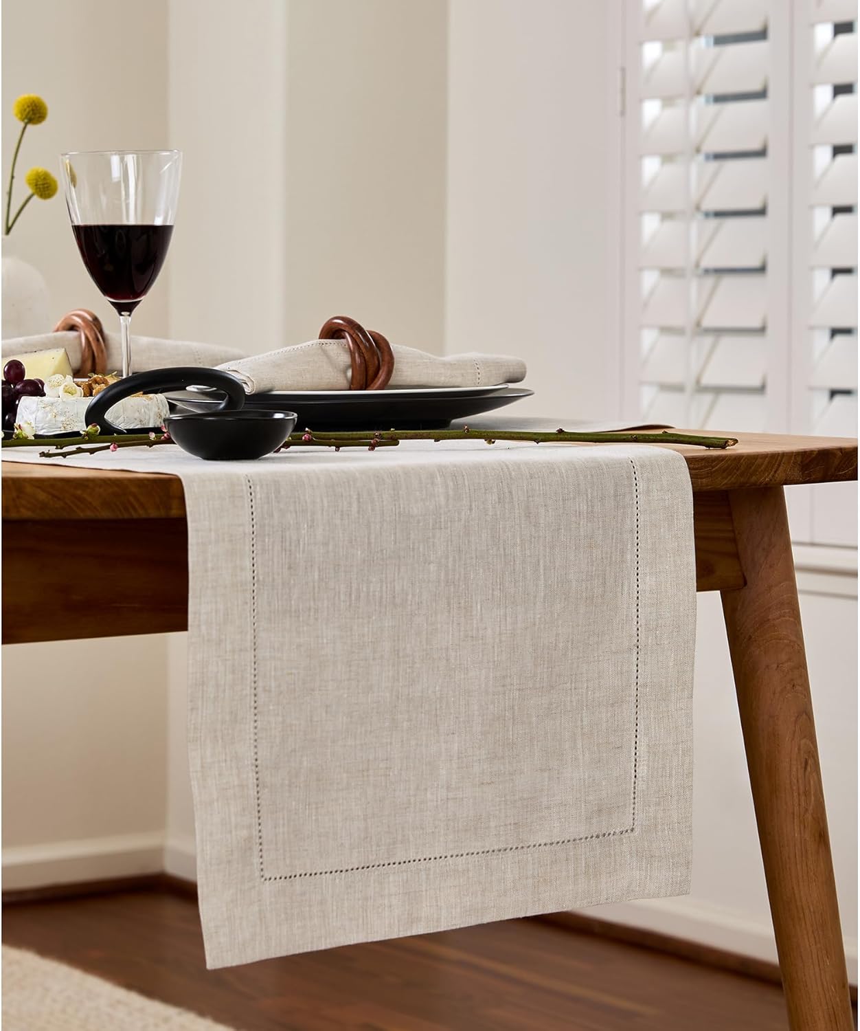 Solino Home Linen Table Runner 90 Inches Long - 100% Pure Linen Light Natural Table Runner 14 x 90 Inch for Fall, Autumn, Thanksgiving, Christmas - Classic Hemstitch