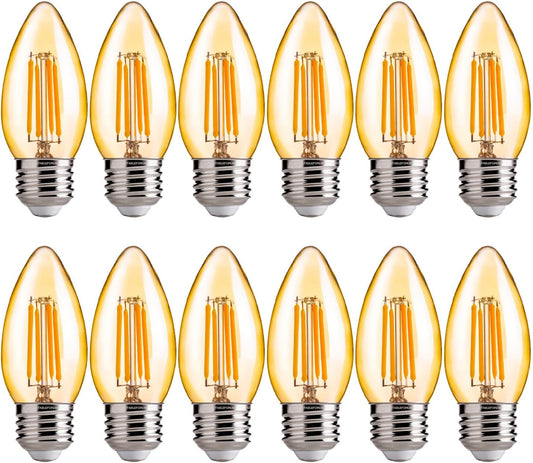 FLSNT 40W Equivalent LED Chandelier Light Bulbs, Dimmable Amber LED B11 E26 Candelabra Base Bulbs, 2200K Warm White, 330LM, 12 Pack UL,CA65 Listed.