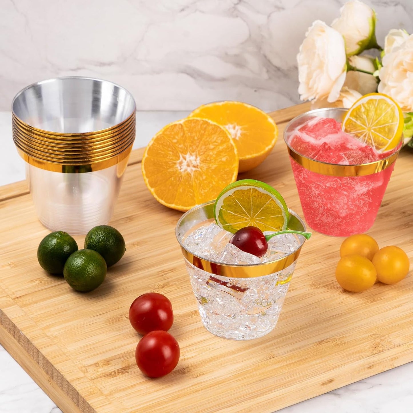 Goodluck 200PCS 9oz Gold Plastic Cups for Party, Disposable Gold Rim Cups, Plastic Cocktail Glasses for Wedding Thanksgiving, Christmas, and Parties