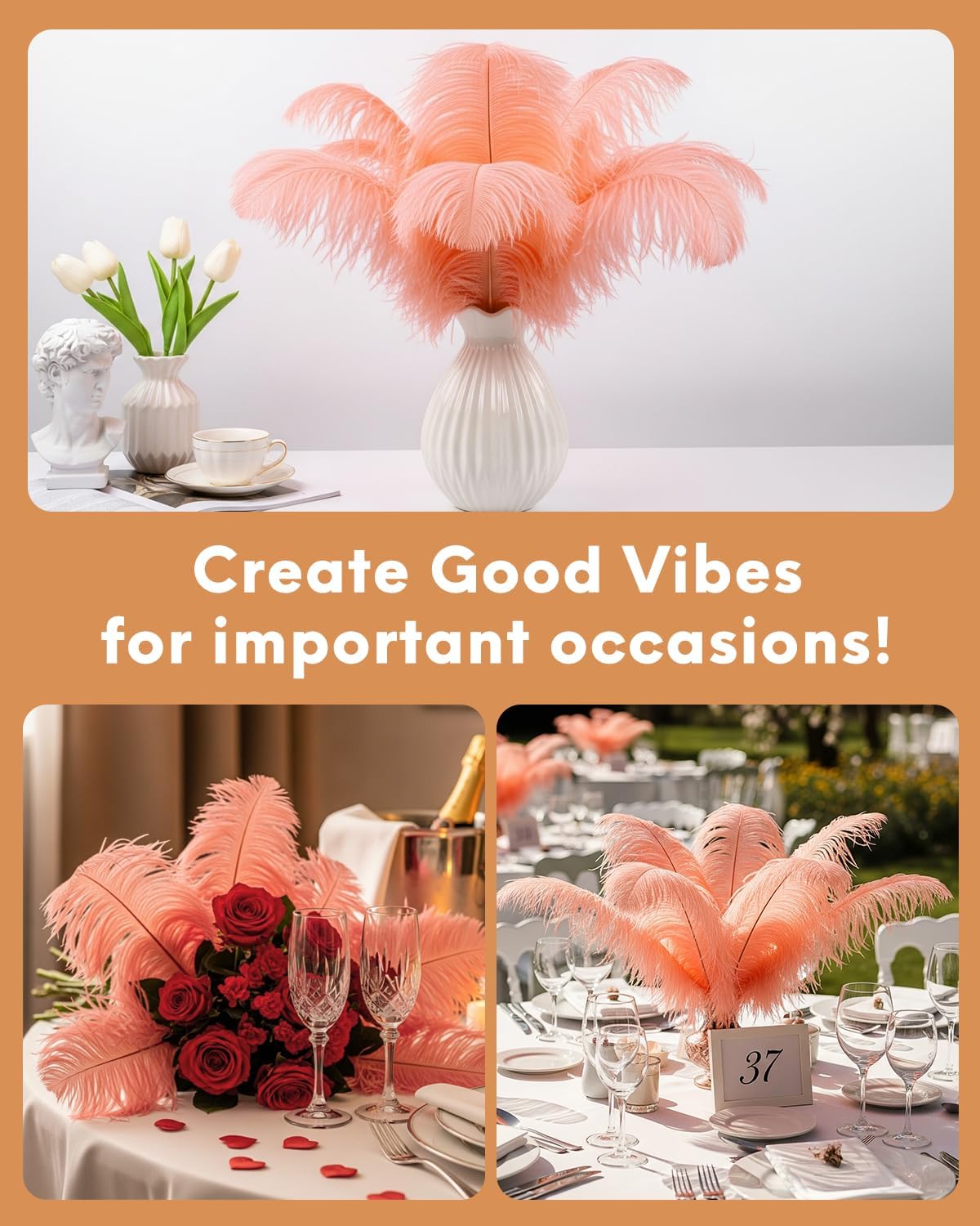 NEWONG 30pcs Rouge Pink Ostrich Feathers Natural Bulk 11-14inch(28-35cm) Vase Craft Wedding Home Party Centerpieces Christmas Day Decoration