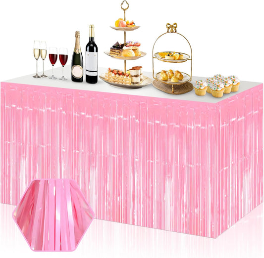 3 Pack 29x108 Inch Macaron Pink Foil Fringe Table Skirts Metallic Banner for Tinsel Streamer Garland Backdrop for Parade Floats Wedding Thanksgiving Birthday Christmas Halloween Party Decoration