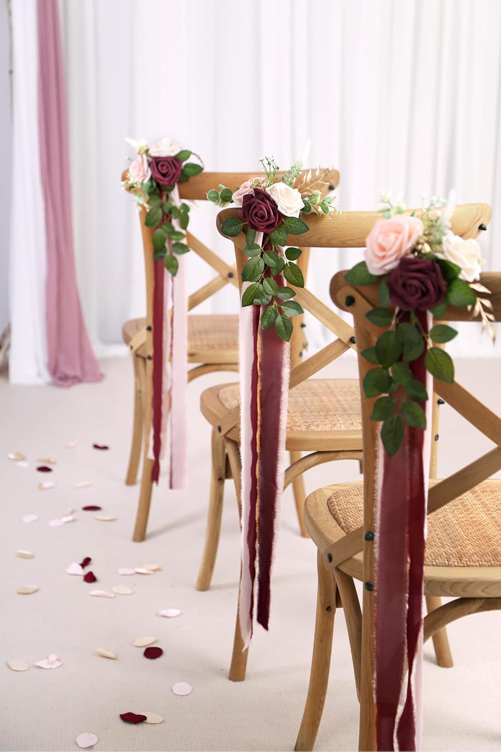 Wedding Aisle Decorations for Wedding Ceremony Set of 10 Pew Flowers for Church Chair Decorations Party Decor with Artificial Flowers Eucalyptus and Ribbons Burgundy
