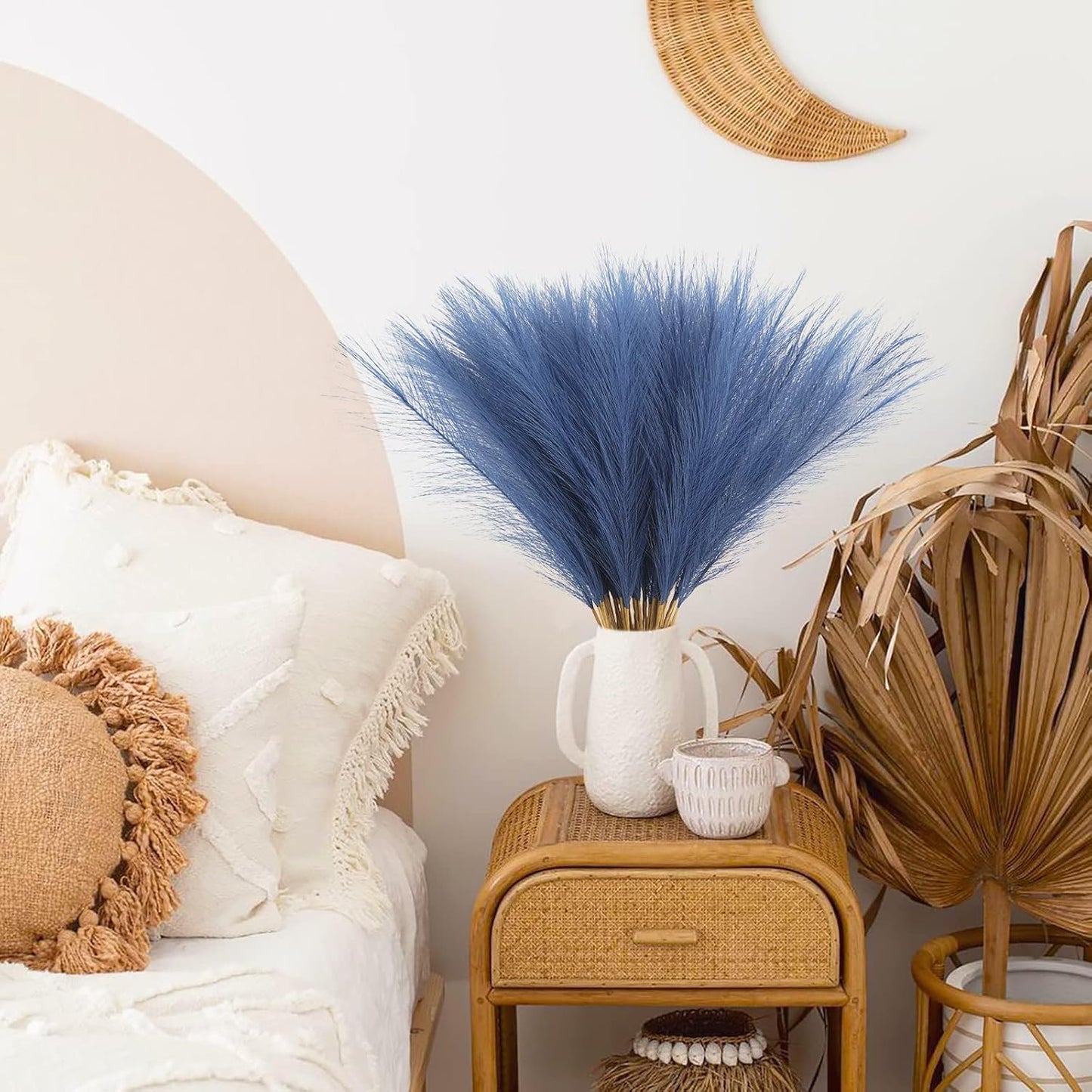 50pcs Faux Pampas Grass, 21.6" Short Artificial Pompous Grass Floral Fake Pompas Grass Branches Vase Filler Flower Arrangement for Home Wedding Boho Decor, Blue