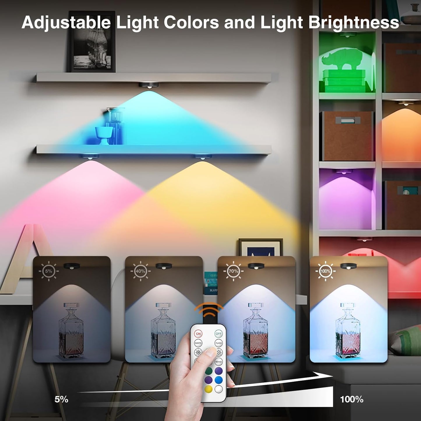 RGB Puck Lights with Remote Control, 2000mAh Rechargeable Stick on Led Lights, 9 Colors & 2 Dynamic, Tap Light with Timing,Under Cabinet Lighting for Closet,Kitchen,Cabinet,Shelf(Black, 3 Pack)