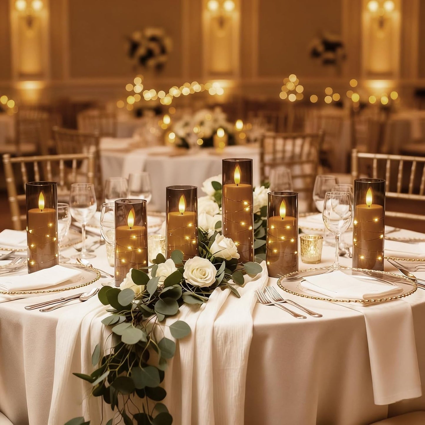 Raycare Flameless Candle with Remote Timer, 7 Flickering Acrylic Battery Operated LED Pillar Candles with Embedded Star String for Halloween, Home Decor, and as a Gift(Grey)