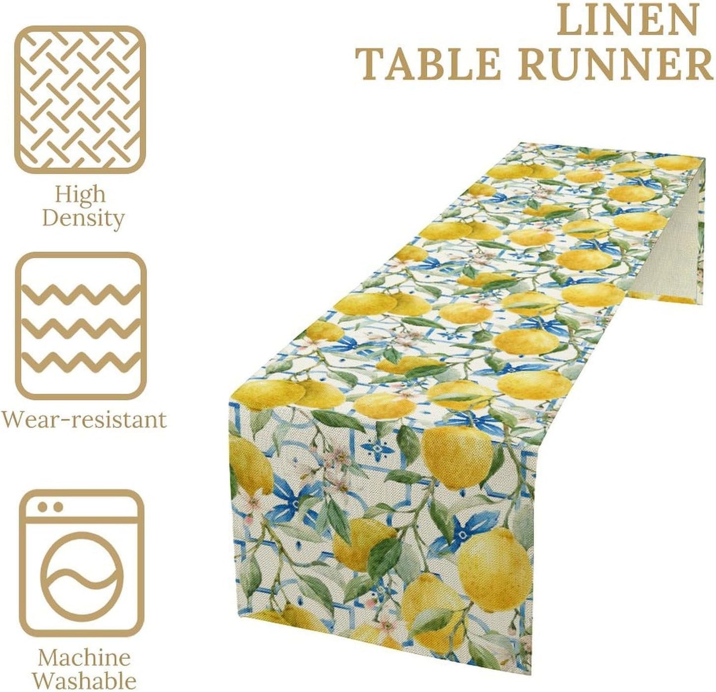 Lemon Table Runner,Watercolor Fruit Green Leaves Spring Summer Table Cloth Kitchen Dining Table Home Party Decoration 13x108 Inch