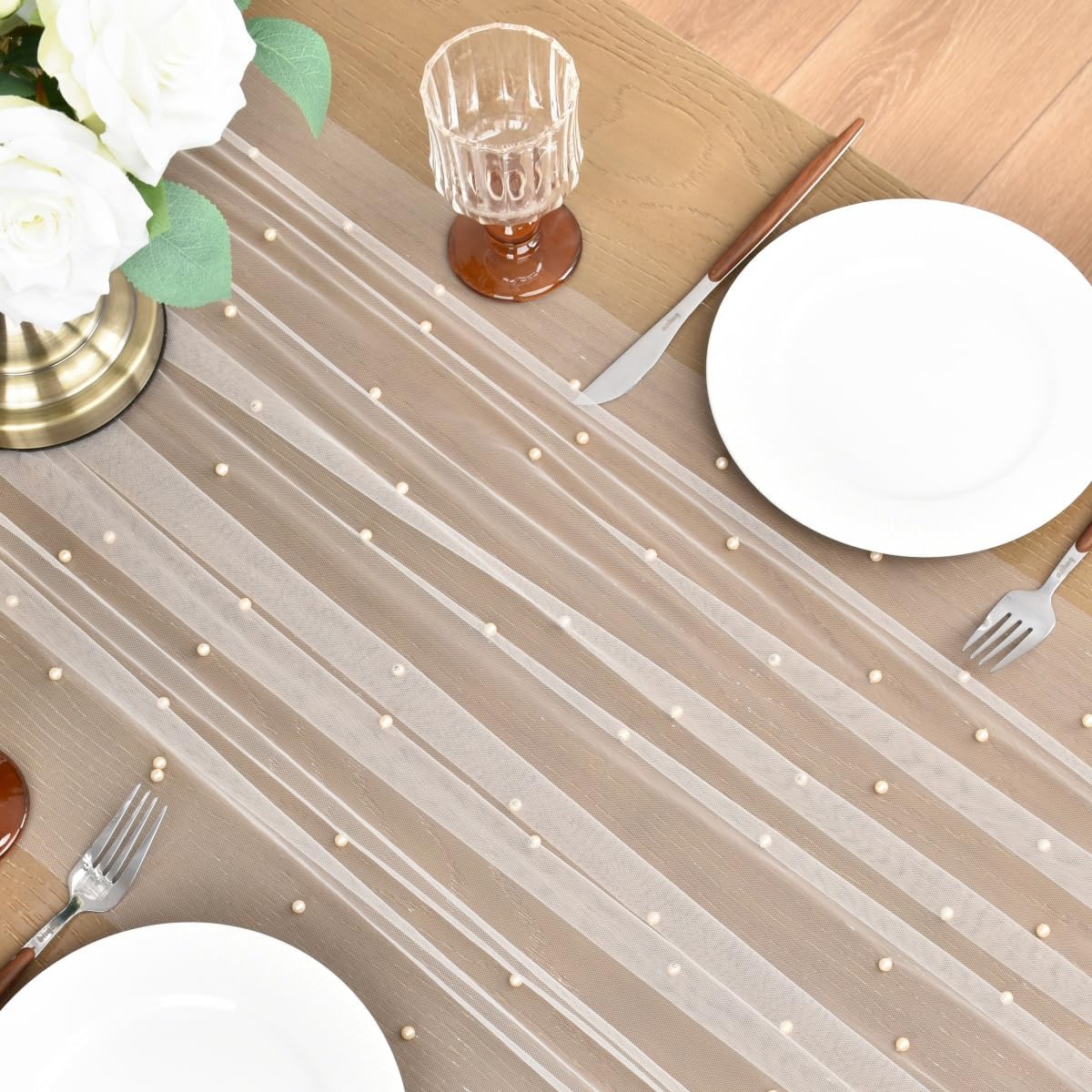 Joanlody Fall Pearl Table Runner 10ft Rustic Boho Tulle Table Runner with Pearls for Baby Shower Wedding Party Veil Dessert Thanksgiving Table Decor Champagne 4pcs