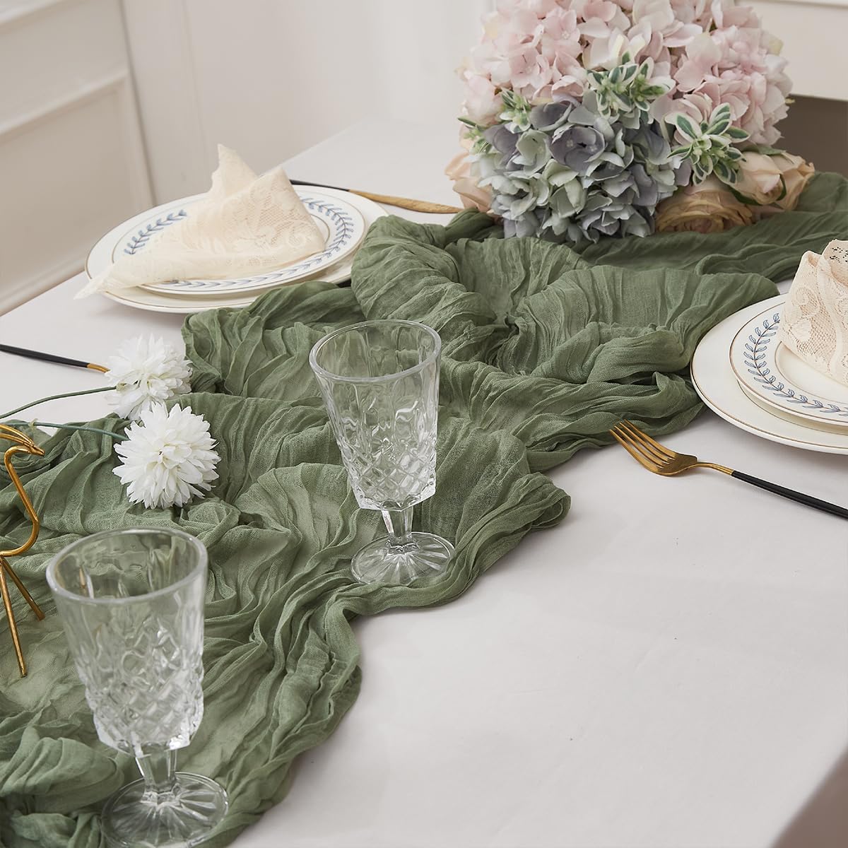 Sage Green 2 Pack Cheesecloth Table Runner 120 Inch 10 FT Boho Rustic Gauze for Wedding Baby Shower Party Farmhouse Summer Home Decor Washable