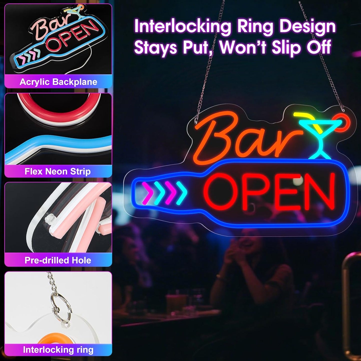 Bar Open Neon Sign, Super Bright 16''x 9'' Dimmable USB Powered LED Open Signs for Business Wall Decor Bar Pub Party, LED Light up Beer Signs