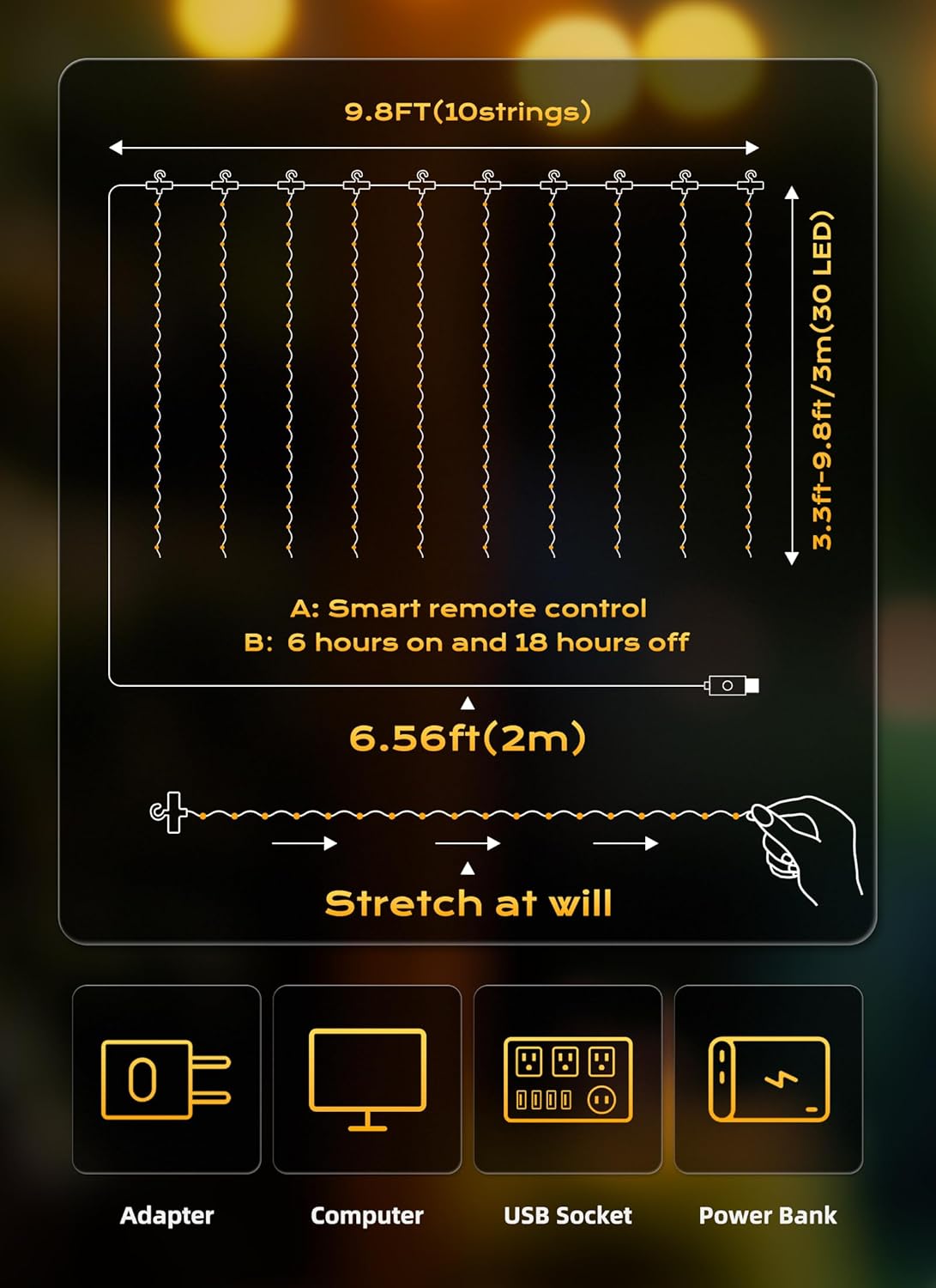 Brightown 2 Pack 300 LED Fairy Curtain Lights, 9.8ft x 9.8ft Warm White Curtain String Lights, USB Plug in 8 Lighting Modes LED Christmas String Hanging Lights with Remote for Bedroom Indoor Outdoor